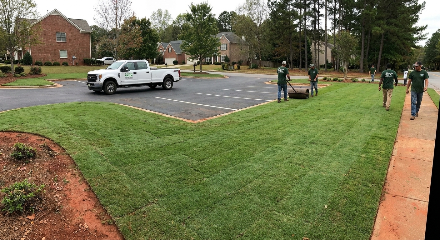Freshly sodded commercial property lawn in metro Atlanta