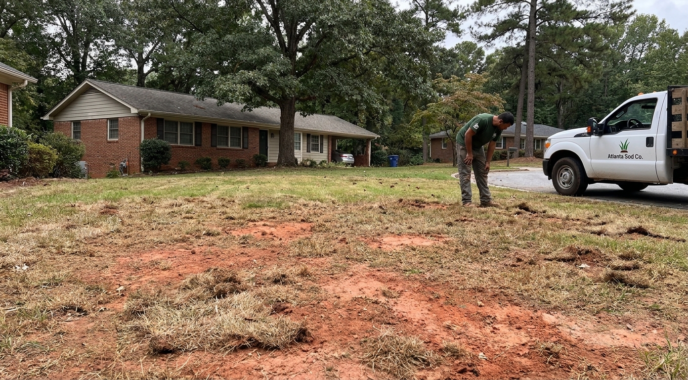 Patchy, bare lawn before sod installation