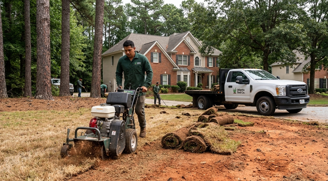 Crew stripping a dead, weed-choked lawn with a sod cutter before renovation in Atlanta, GA