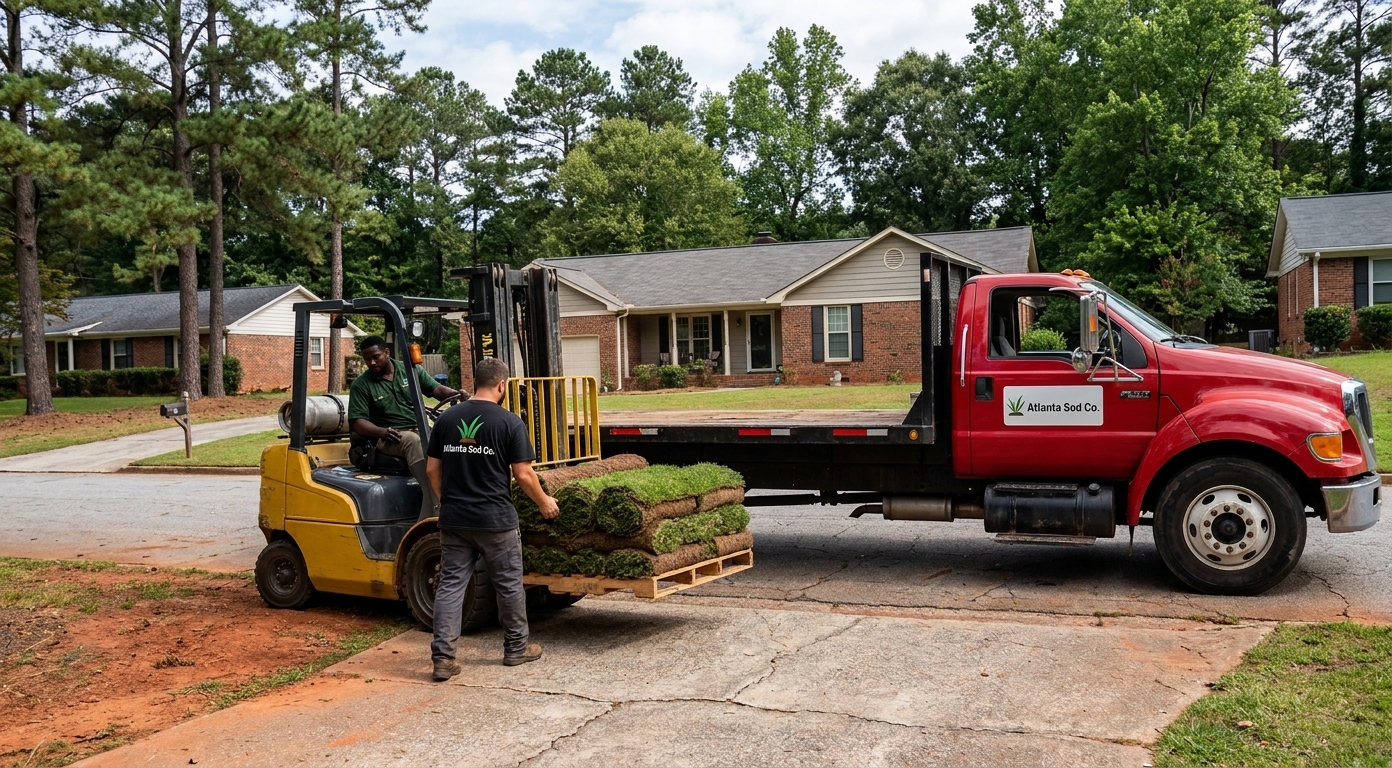 Atlanta Sod Co. crew unloading fresh sod pallets on a job site