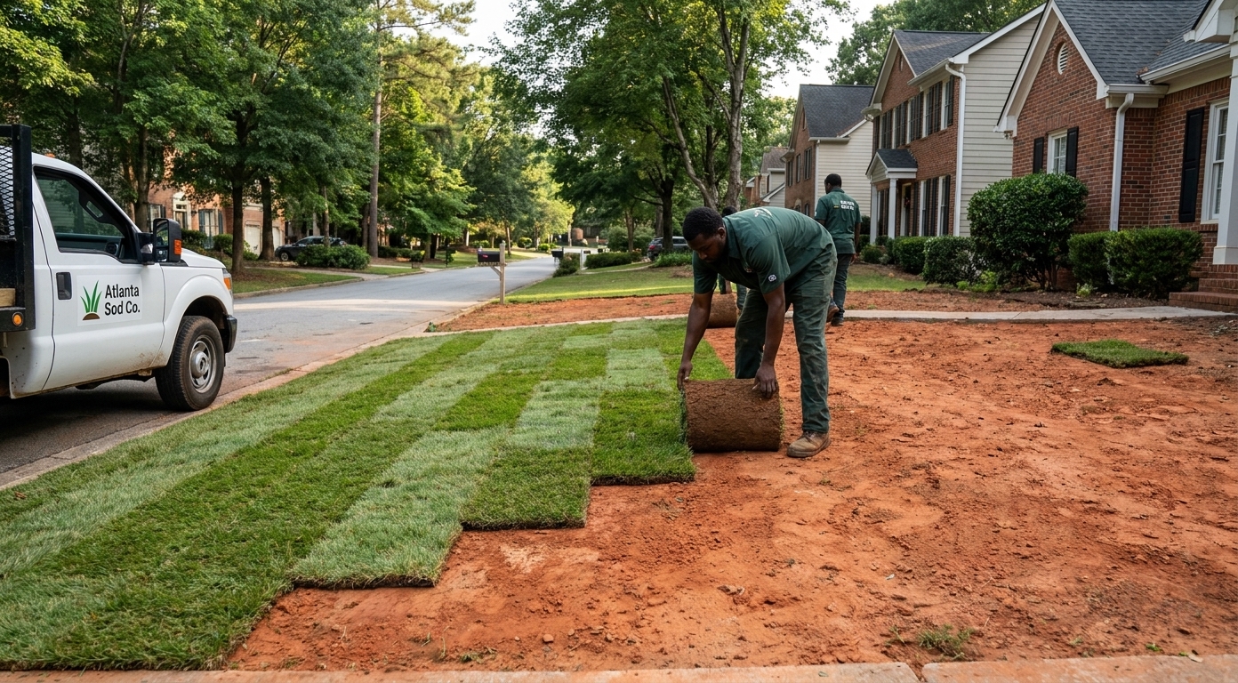 Atlanta Sod Co. installer laying fresh sod in staggered rows