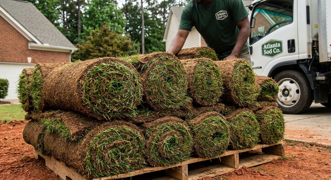 Stack of fresh-cut sod pallets staged for delivery in metro Atlanta, Georgia