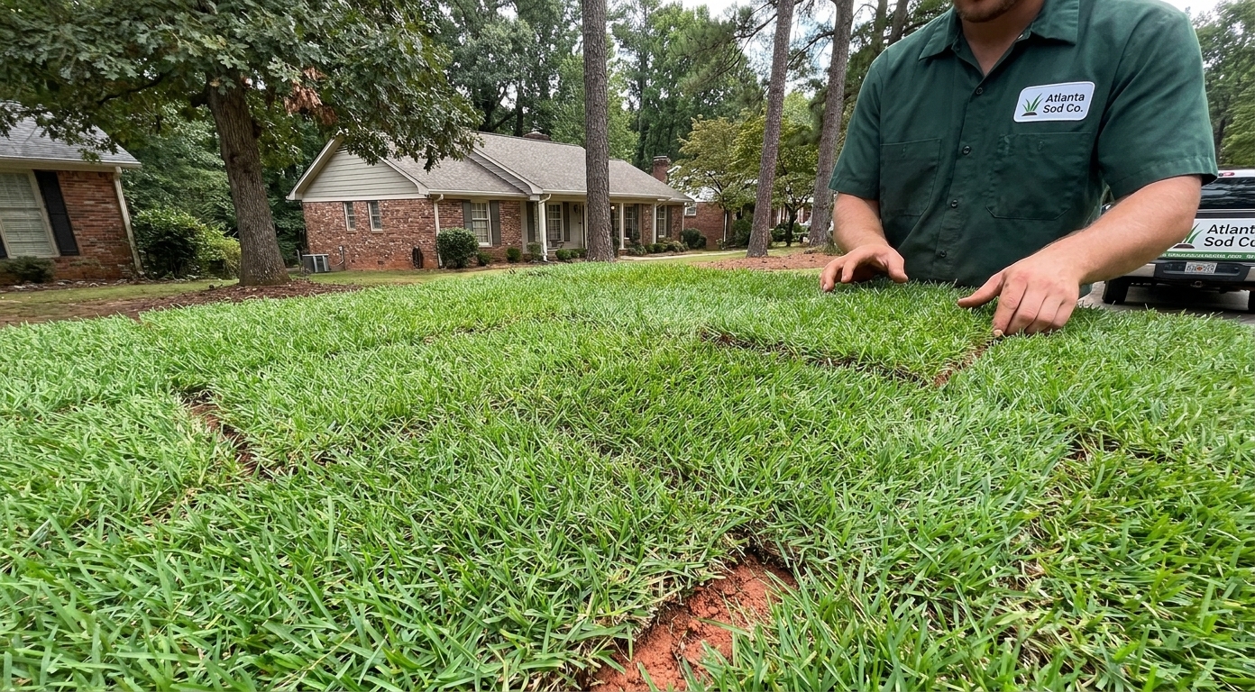 Freshly installed sod lawn with tight seams and no visible gaps in Atlanta, Georgia