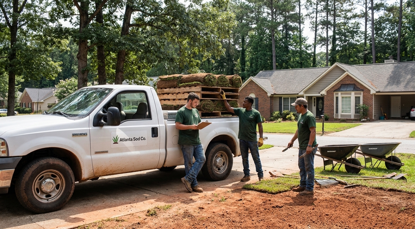 The Atlanta Sod Co. crew standing with their truck and fresh-cut sod