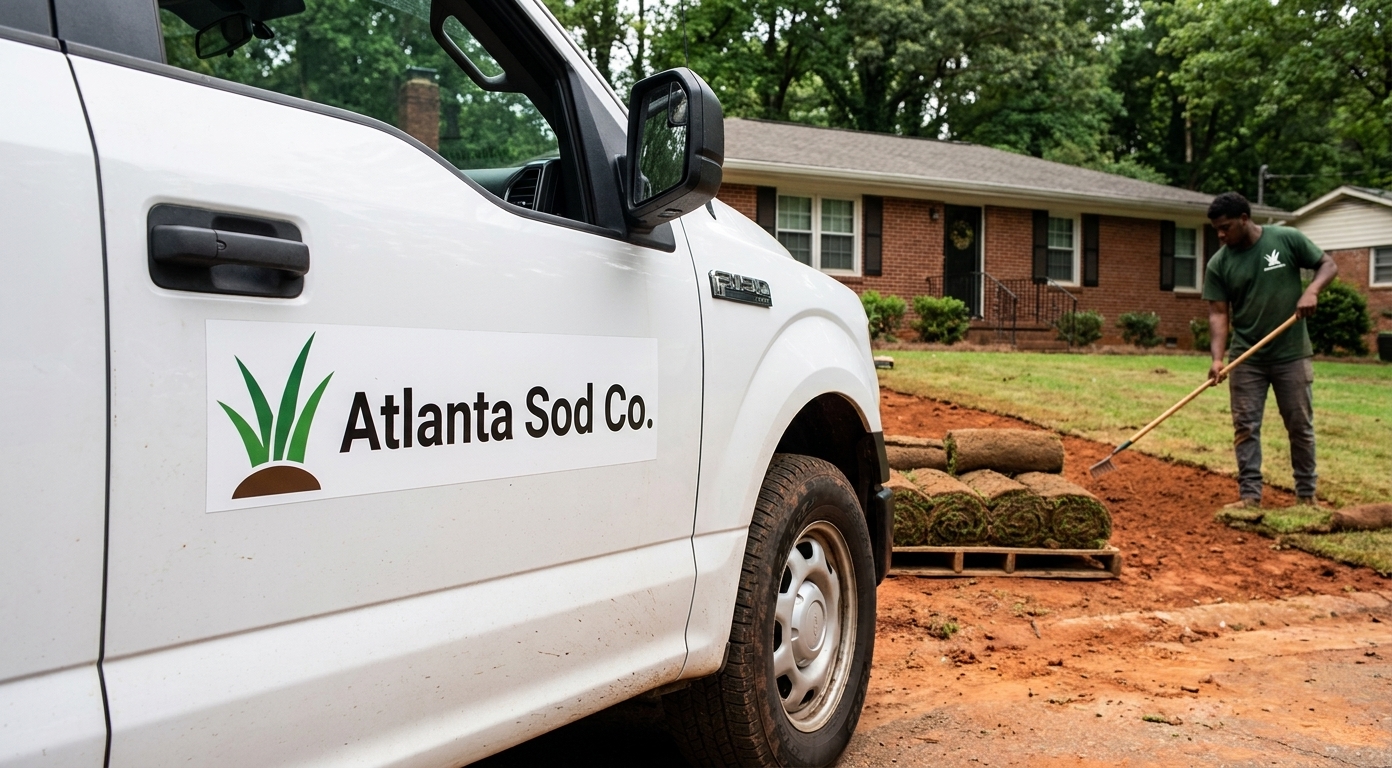 Atlanta Sod Co. delivery truck arriving with fresh sod
